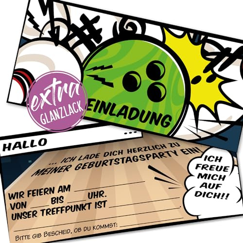 12 Einladungskarten zum Kindergeburtstag [extra stabil], Bowling/Kegel - Partys, Geburtstagseinladung für Jungen und Mädchen im Comic Stil (Bowling ohne Kuvert)