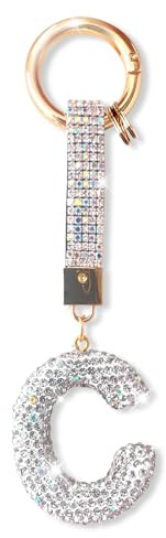 ZVRSUA Porte-clés Alphabet Diamant Argenté Femme, Mignon et Brillant,Clés de Voiture Accessoire de sac à dos, Cadeaux Personnalisés（C