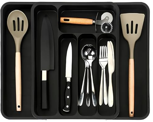 GREELUE (28-47,5CM XXL Besteckhalter für Schubladen, Verstellbarer Besteckeinsatz, Schubladen organizer küche für Löffel, Gabeln, Messer, Groß (Schwarz)