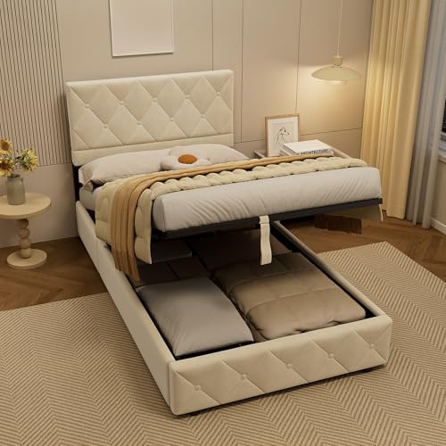 okwish Polsterbett 90x200 mit Bettkasten, Samt, Beige, ohne Matratze | verstellbares Kopfteil, Lattenrost aus Holz, Ideal als Einzelbett, Jugendbett und Stauraumbett