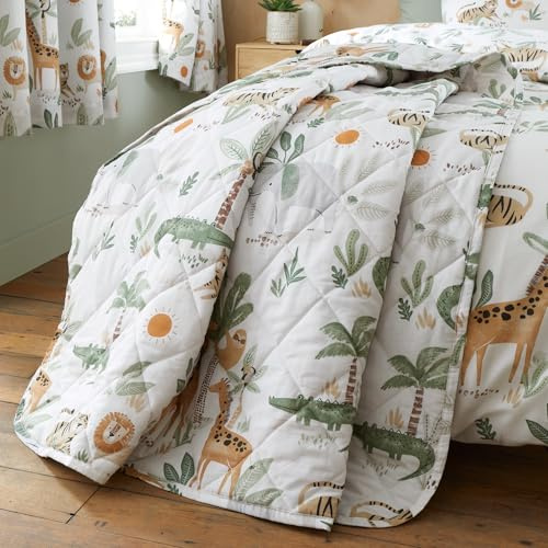 Happy Linen Company Coperta trapuntata reversibile con animali della giungla, 150 x 200 cm, colore: avorio