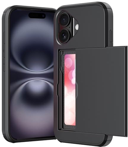 ACOCOBUY for iPhone 16 Case with Card Holder Sliding Cover Hidden Pocket IDs Credit Cards Slot Heavy Duty Shockproof Protective Dual Layer Wallet Phone Cover Back Shell for Men Women 6.1 inch Black