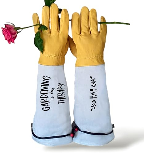 MyOma Rosenhandschuhe Gardening is my therapy, extra lange Gartenhandschuhe in Größe S, Stachelschutz, Leder, Dornenfest für Damen und Herren, verstellbarer Bund für optimalen Halt, atmungsaktiv