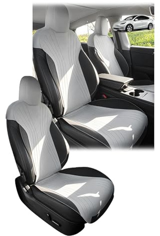 GAFAT Tesla Model Y 2021-2024/ Model 3 2017-2023 Coprisedili Sedili Anteriori in Pelle Camoscio, Comfort Quattro Stagioni Protezioni per sedili Ispessimento Della, Originali Tesla, per Airbag (Grigio)