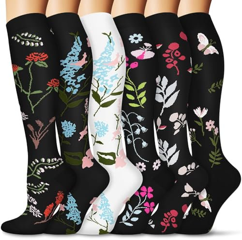 FuelMeFoot 6 Paar Kompressionsstrümpfe für Damen und Herren, Bunte Kompressionssocken Stützstrümpfe für Laufen, Sport, Flug, Reise, Radfahren.01-multi-6 Paar S/M