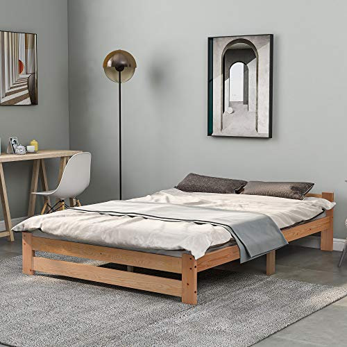 BXEYXE Solide Massivholzbett Futonbett Massivholz Natur Bett aus mit Kopfteil und Lattenrost, Natur (200x140cm)