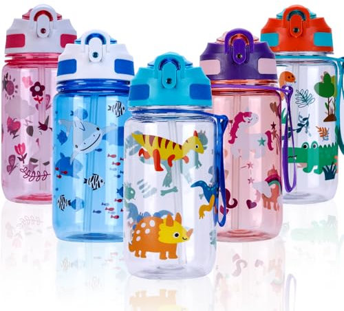 SUPPRUI Trinkflasche Kinder, 600ml Kindertrinkflasche mit Strohhalm, BPA-freie Kinder-Wasserflaschen, Sportwasserflasche mit Auslaufsicherem Flip-Top-Deckel für Mädchen und Jungen (Blau-Dinosaurier)