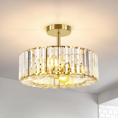 FRIDEKO HOME Modern Crystal Ceiling Lights Fixture 4-Lights, Round Gold Chandeliers Ceiling Light with E27 Base, LED Light Fittings Ceilings for Bedroom, Living Room, Hallway, Kitchen