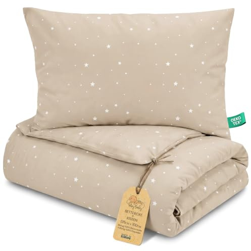 Totsy Baby Couette Enfant en Coton 100x135 Couverture pour Bebe Parure Duvet pour lit bébé 100 x 135 cm et Oreiller 60 x 40 cm Oeko-Tex Beige avec des étoiles Blanches