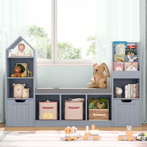 Kids Bookcase with Reading Nook, Bench Kids Bookshelf with 7 Storage Cubbies and 2 Movable Drawers, Multi-Purpose Toy Storage Organizer with Seat Cushion for Playroom, Bedroom, Living Room, Grey