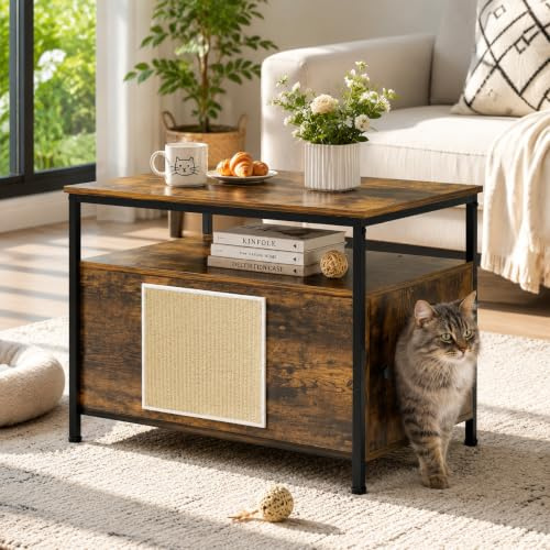 MAMIZO Katzenklo Schrank, 80 x 50 x 59 cm, Katzentoilette Schrank mit Katzenhöhle, Katzenhaus mit Offenem Regal, Katzenschrank Groß mit Tür Kratzmatte,XL,hohe Beine,für Große Katzen,Tigerholzfarbe