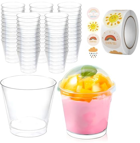 OulQinyhome Dessertbecher 210ml 50 Stück Dessertschalen transparent mit Dessertbecher mit Deckel Löffel – für Pudding Mousse – Hochzeit Geburtstag Party