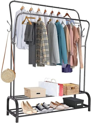 Heavy Duty Clothes Rail - (146x36.5x109cm) Metal Clothing Rack with Double Hanging Rails,2-Tier Shoe Shelf, Adjustable Garment Rack for Bedroom/Shop/Laundry (Black)