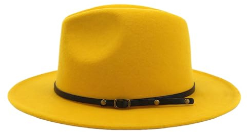 OHEETU Sombrero Fedora amarillo de 23 pulgadas con hebilla de cinturón ajustable de ala ancha de fieltro Panamá, gorras unisex Trilby, gorra de jazz para iglesia