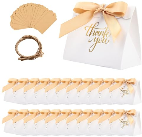 20 Stück Dankeschön Geschenktüte mit Schleife, Klein Süßigkeiten Partygeschenktüten und 20 Geschenkanhänger aus Kraftpapier für Partys, Hochzeiten, Geburtstagstüten, Hochzeitstüten, Brautjungferntüten