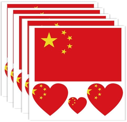 Lot de 20 tatouages drapeau chinois, bannière chinoise, autocollants de décoration, autocollants rectangulaires en forme de cœur, imperméables pour fête défilé de Chine (5 feuilles)