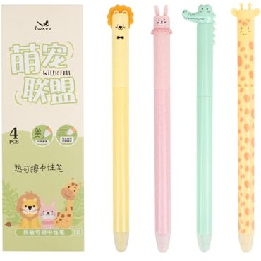 Nurila 4 Radierbarer Kugelschreiber Set, Cartoon Blau Radierbarer Tintenroller 0.5mm Erasable Pen Mit Radiergummi, Ideal Für Büro Und Schule,Tier-Set