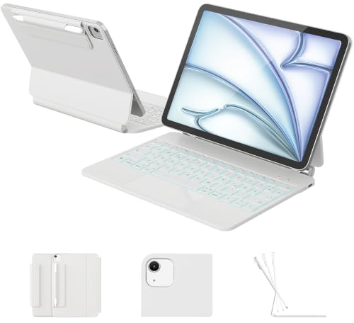 RAYMCRAFT für iPad Air 11 Zoll (M4/M3/M2) & iPad Pro 11 Zoll (4./3./2./1. Gen.) Hülle mit Tastatur, Magic Keyboard für iPad Air 5./4. Gen., 11-Farbig Beleuchtung, Smart Trackpad, Stifthalter, Weiß