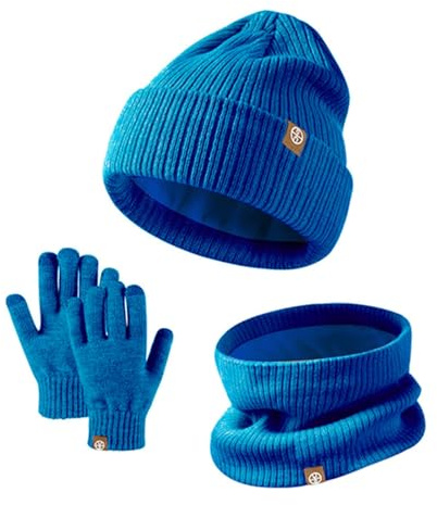 Ensemble de gants d'hiver pour enfants, bonnet et écharpe avec pompons, cache-cou, moufles doublées en polaire (2), bleu, One Size
