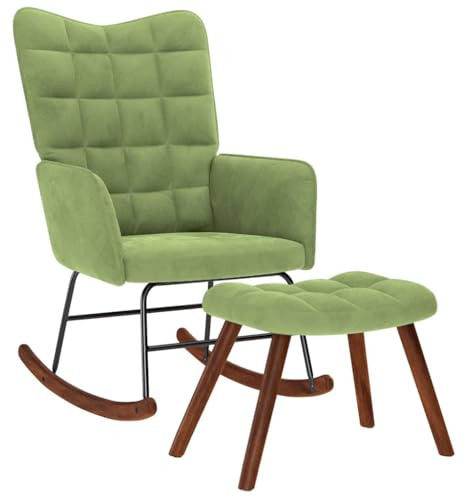 Frdhee Stillstuhl Für Schlafzimmer Schaukelsessel Schwingsessel,Schaukelstuhl mit Hocker Hellgrüner Samt,Für Wohnzimmer,Veranda,Garten,Terrasse,Hinterhof