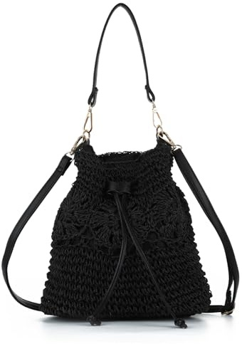 EVEOUT Stroh Geflochten Umhängetasche Damen Leicht Kunst-Raffia Eimertasche Lässige Boho Strohtasche für Strand Urlaub Sommer Alltag