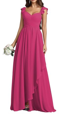 HPPEE Vestido de dama de honor de gasa para mujer, con abertura, fruncido, acampanado, formal, vestido de noche para invitados de boda, fucsia, 60 Grande