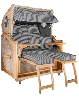 Webavita Strandkorb Bali Teakholz | 2,5-Sitzer | Montiert | Geflecht Grau | Bezug Grau Nadelstreifen| Halblieger | Beach Chair für den Garten Terrasse Balkon