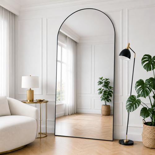 Lorvane Miroir Intégral 180 x 75 cm, Miroir Arqué sur Pied, Noir | Cadre en Alliage d'Aluminium, Verre Trempé avec Film de Sécurité, Miroir chambre pour Chambre Salon Dressing
