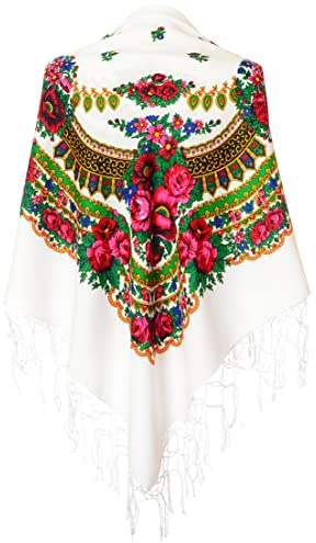 M&K Apparel - Weißer Schal mit traditionellem ukrainischem/polnischem/russischem Blumenmuster und Fransen