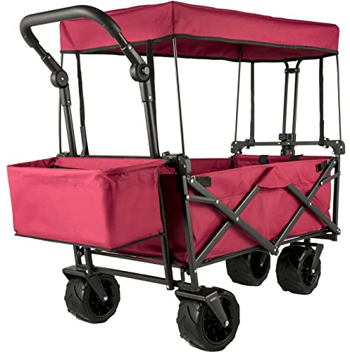 Happbuy Chariot Pliable avec Toit Rouge, Chariot de Jardin Pliable avec 4 Roulettes, Remorque de Transport Rangement Pratiques pour Jardin/Plage/Pique-nique/Sport/Camping/Achats/Parc/Pêche/Barbecues