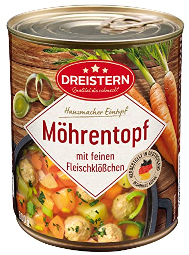 DREISTERN Möhreneintopf 800g I Mit Fleischbällchen & Gemüse I Herzhafter Eintopf in recyclebarer Konservendose I Lange Haltbarkeit dank natürlicher Konservierung I Hausmacher Qualität