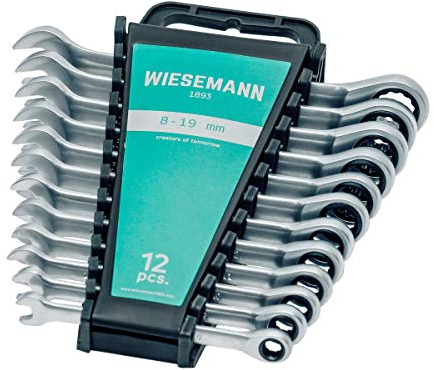 WIESEMANN 1893 Juego de llaves de carraca 12 pzas. 8-19mm con 72 dientes I Llave de carraca de acero Q-30 cromado I Con soporte I 81567