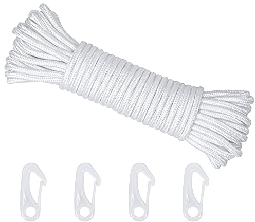 LOPOTIN 15meter Fahnenmast Seil Weiße Fahnenseil Wetterfest Fahnenmast Schnur Geflochtenes Nylonschnur Reißfeste Flaggenseil mit 4 Fahnenhaken für Fahnenmast Segelboot Garten Camping