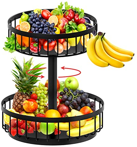 ZDDLOINP Obstkorb Schwarz, 2 Etagen - Obst Aufbewahrung, Obstschale Etagere groß für mehr Platz auf der Arbeitsplatte, Obstschale Lagerung Küchenregal hält Obst und Gemüse frisch