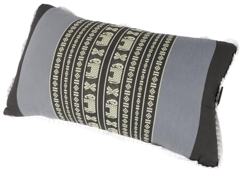 GURU SHOP Coussin décoratif, coussin de soutien méditation, coussin de cou, coussin thaïlandais kapok – gris/noir/éléphant, 28 x 44 x 15 cm, coussin de nuque de style thaïlandais