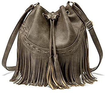 Leather Bucket Bags for Women Crossbody Fringe Purses with Drawstring Ladies Tassel Hobo and Shoulder Handbags Grey