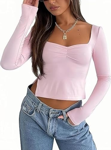 Rongseng Donna Maglietta a Maniche Lunghe Y2k Crop Top Sexy Slim T Shirt con Scollo Quadrato Camicette Eleganti Morbido Elastico Cropped Tops Carini Pullover Moda Casual Club Streetwear