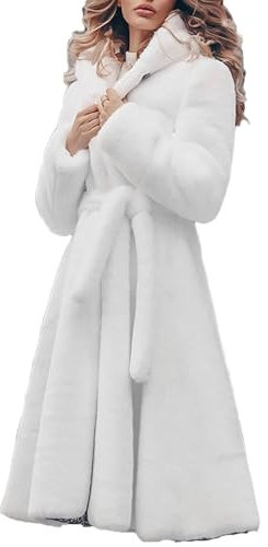 Vogrtcc Damen Wintermantel mit Gürtel, Kunstfell, flauschige Jacke mit Gürtel, lange Plüschmäntel, Weißer Pelzmantel, L Tall