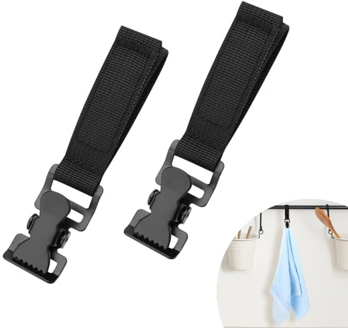 Beautyflier 2 Pack Hanging Towel Clips, Metal Kitchen Glove Clips with Adjustable Velcro Nylon Strap, Suitable for Kitchen, Oven Handle, Bathroom Towel Rack, Dishwasher, Cupboards