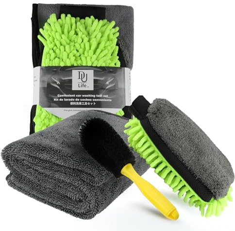 DU Life Kit Nettoyage Voiture 4 PCS, Dont 2 Serviette De Lavage De Voiture, Brosse Jantes, Gant de Lavage en Microfibre Chiffon Kit d'entretien, Nettoyage Ménager Et Lavage De Voiture