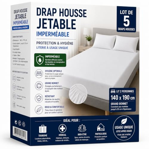 Drap Housse Jetable 140 x 190 cm | Imperméable | Lot de 5 | Protection Matelas Lit 2 Personnes | Hygiène & Confort | Literie à Usage Unique | Tourisme & Médical | Blanc