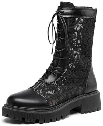 ANUFER Mujer Elegante Encaje Floral Sandalias Botas Plataforma con Cordones Cremallera Trasera Verano Mitad de la Pantorrilla Botines SD5A50226 Negro EU38