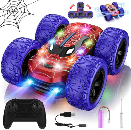 Macchina Telecomandata per Bambini 4 5 6 7 8 9 Anni, 4x4 RC Auto Radiocomandata con Luci Giochi da Giardino Esterno Interno, 360 Flip Doppio Monster Truck Spider Giocattolo Regalo Compleanno Natale