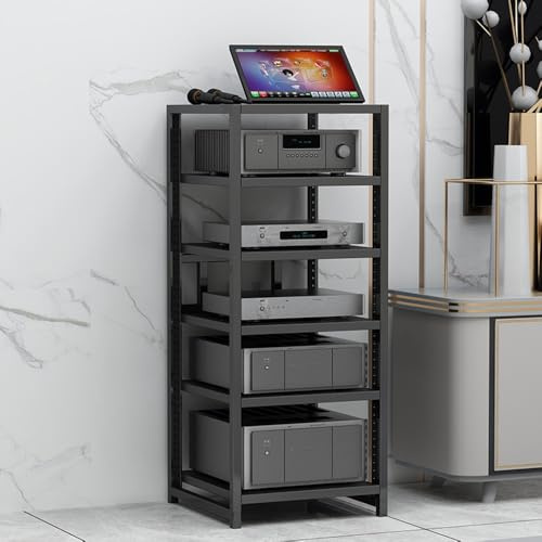 GSKDZG 3 4 5 6 Tier AV Media Stand Height Adjustable Audio Rack Record Player Stand Wooden Shelf Stereo Rack Media Storage Cabinet HiFi Rack(Black,6 Tier)