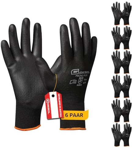 Gebol Nano Flex, 6 Paar Arbeitshandschuhe mit PU-Beschichtung für Feingefühl & Griffsicherheit, Montagehandschuhe für Herren, Atmungsaktiv, Gr. L/9, Schwarz