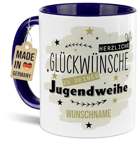 Tassendruck Tasse zur Jugendweihe mit Namen selbst gestalten - Herzliche Glückwünsche - Personalisiertes Geschenk für Jungen und Mädchen - Keramiktasse, 300 ml, Innen & Henkel Dunkelblau