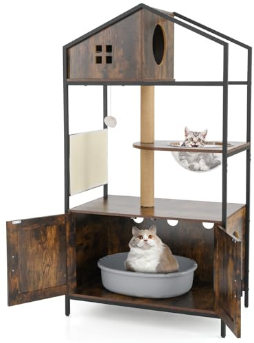 COSTWAY Cat Tree with Litter Box Enclosure, Tall Cats Tower with Condo, Scratching Posts & Pad, Space Capsule, Dangling Ball, Multi-level Kitty Activity Furniture