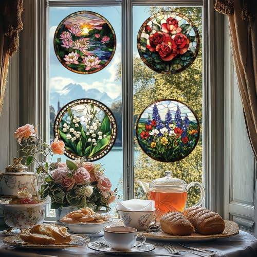 ANATTASOUL Pegatinas de Ventana de Primavera,Pegatinas Ventanas Rosa De Loto Y Lirio De Los Valles,Calcomanías de Ventana Ventanas con Doble Cara Adhesión Estática, Pegatina Opaca para Cristales