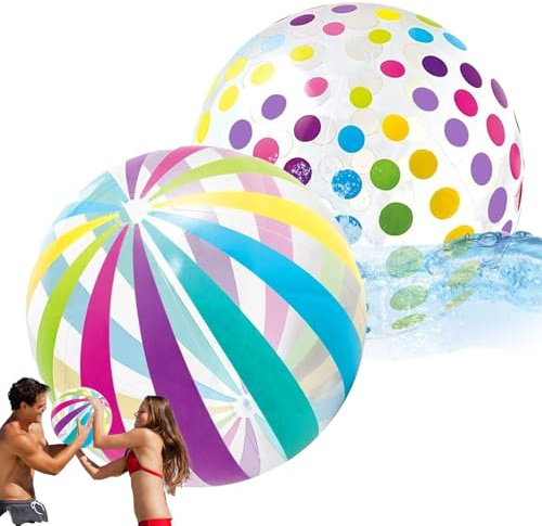2 Wasserball Aufblasbar, Wasserspielzeug Kinder Outdoor, 40 Cm Nach Dem Aufblasen, Bunte Regenbogenstreifen Und -Punkte, Billardball Für Poolpartys, Strandausflüge, Sommerfeste, Kindergeburtstage