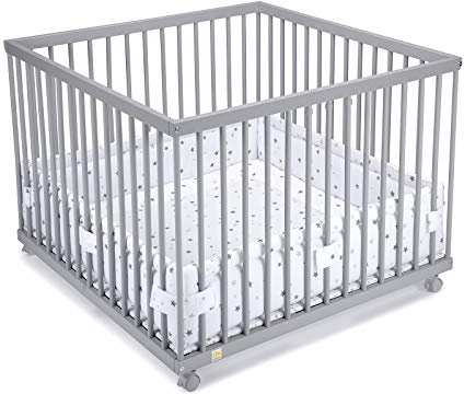 FabiMax Baby Laufgitter 100x100 Grau lackiert, stufenlos höhenverstellbar, mit Schlupfsprossen, Laufstall aus massivem Buchenholz (Graue Sterne)